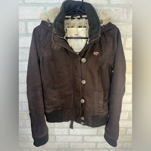 Vintage Y2K Hollister Dark Brown Bomber Jacket Faux Fur Lined Hood Size S - 0375